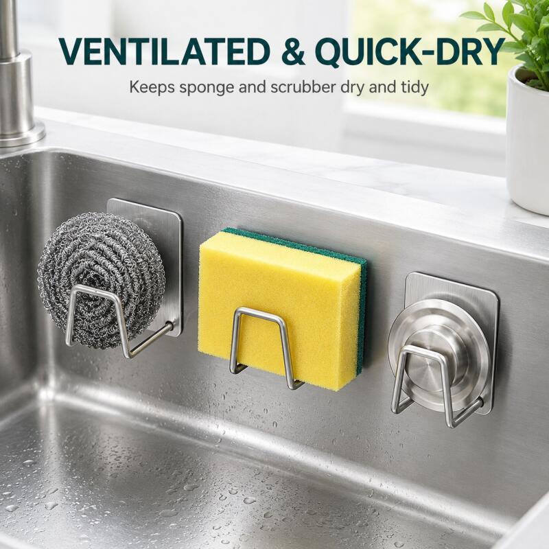 Kitchen Zo - ที่วางฟองน้ำสแตนเลสแบบติดผนัง, ที่เก็บของในอ่างล้างจานแบบไม่ต้องเจาะ สำหรับฟองน้ำขัด, ผ้าเช็ด, ฝาปิด, ใช้ได้ในครัวและห้องน้ำ