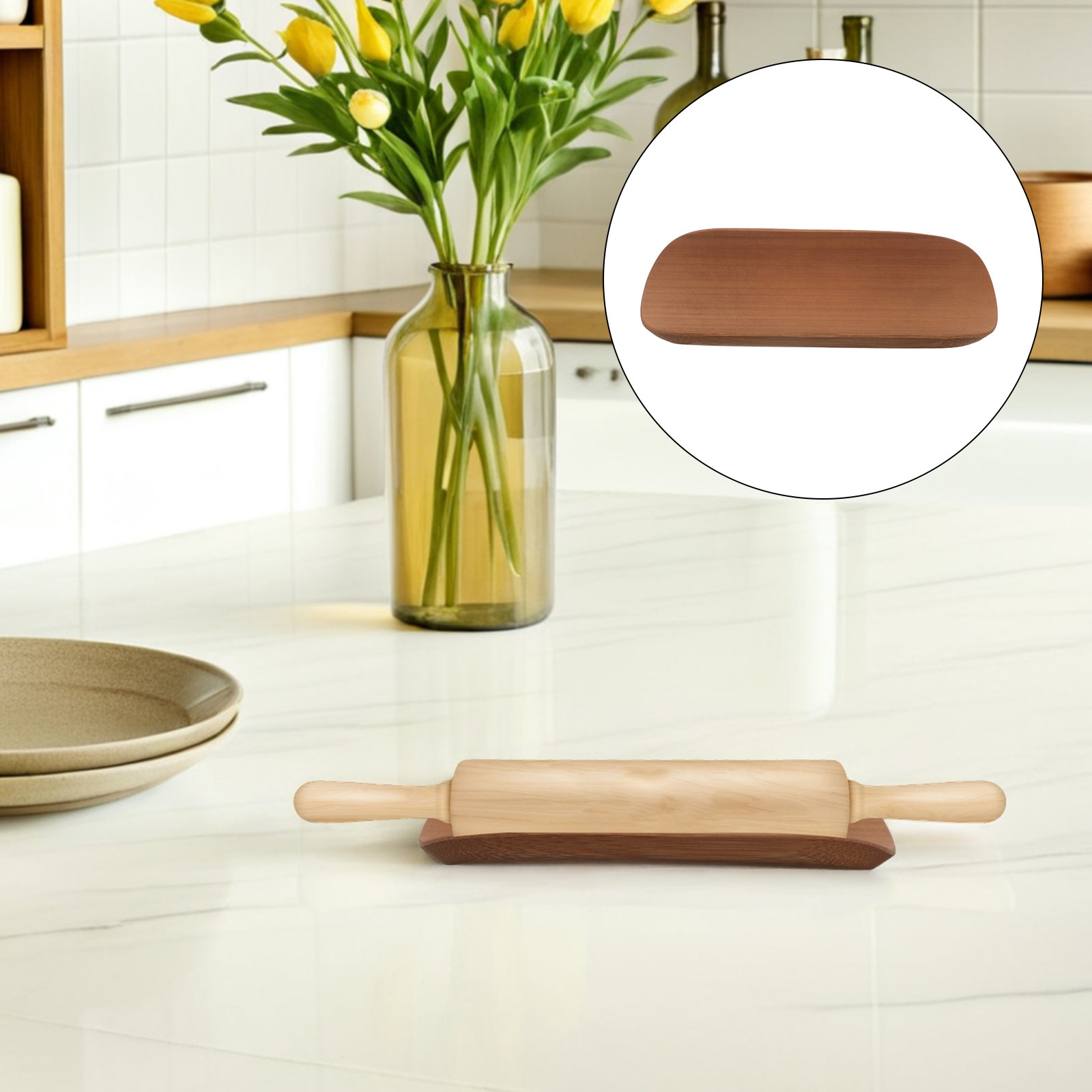 Kitchen Baking Counter - ชั้นวางไม้ไผ่สำหรับเก็บไม้รีดแป้ง ฐานไม้เนื้อแข็งแบบมีร่อง สำหรับเก็บไม้รีดแป้งพิซซ่า อุปกรณ์ทำขนม วางบนเคาน์เตอร์ครัว