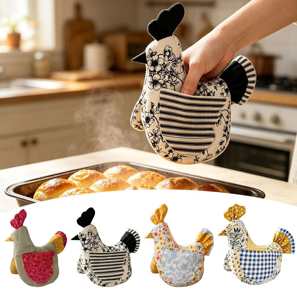 Kitchen Baking Gloves - ชุดถุงมือกันความร้อนและแผ่นรองหม้อรูปทรงไก่ทำมือ อุปกรณ์ครัวทนความร้อนสำหรับการอบและทำอาหาร