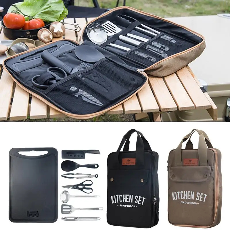Kitchen Baking Kit - ชุดเครื่องครัวแคมป์ปิ้ง 8 ชิ้น ชุดอุปกรณ์ทำอาหารพกพาสำหรับเดินทางกลางแจ้ง ทำจากสแตนเลส สำหรับทำอาหารและปิ้งย่าง